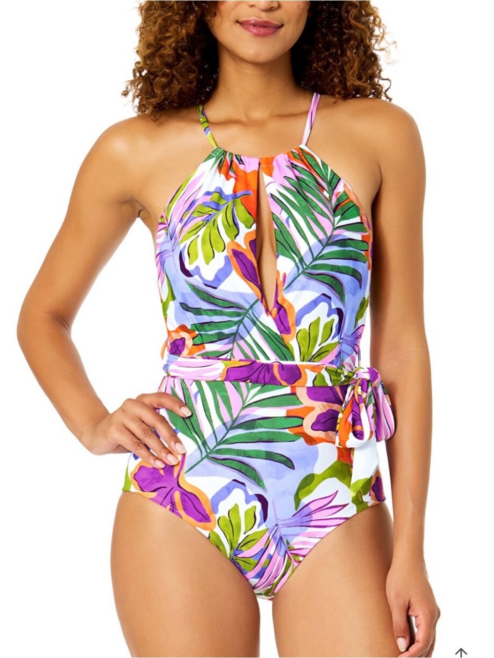 Tropical Halter One-Piece Swimsuit in Purple & Green